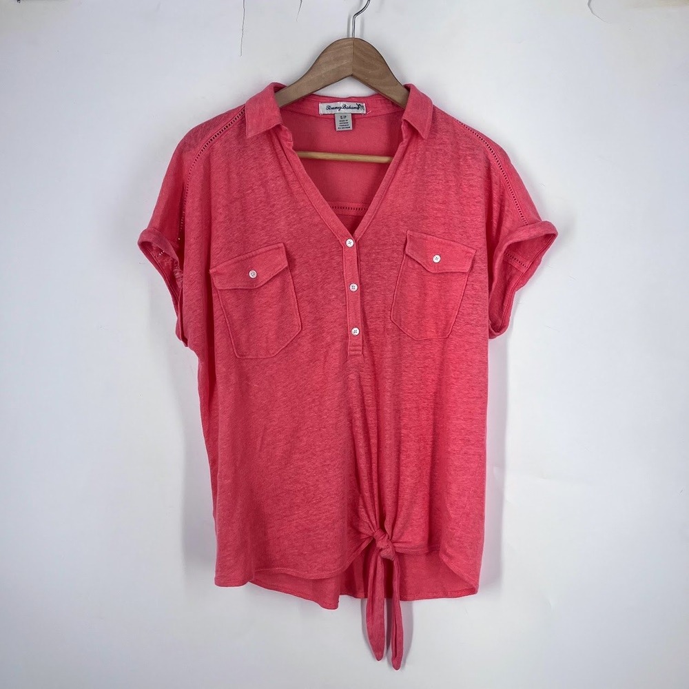 Tommy Bahama Womens Coral Pink 100% Linen Front Tie Short Sleeve Top Small